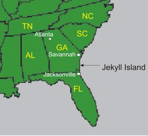 Map of Southeast USA Showing Location of Jekyll Island